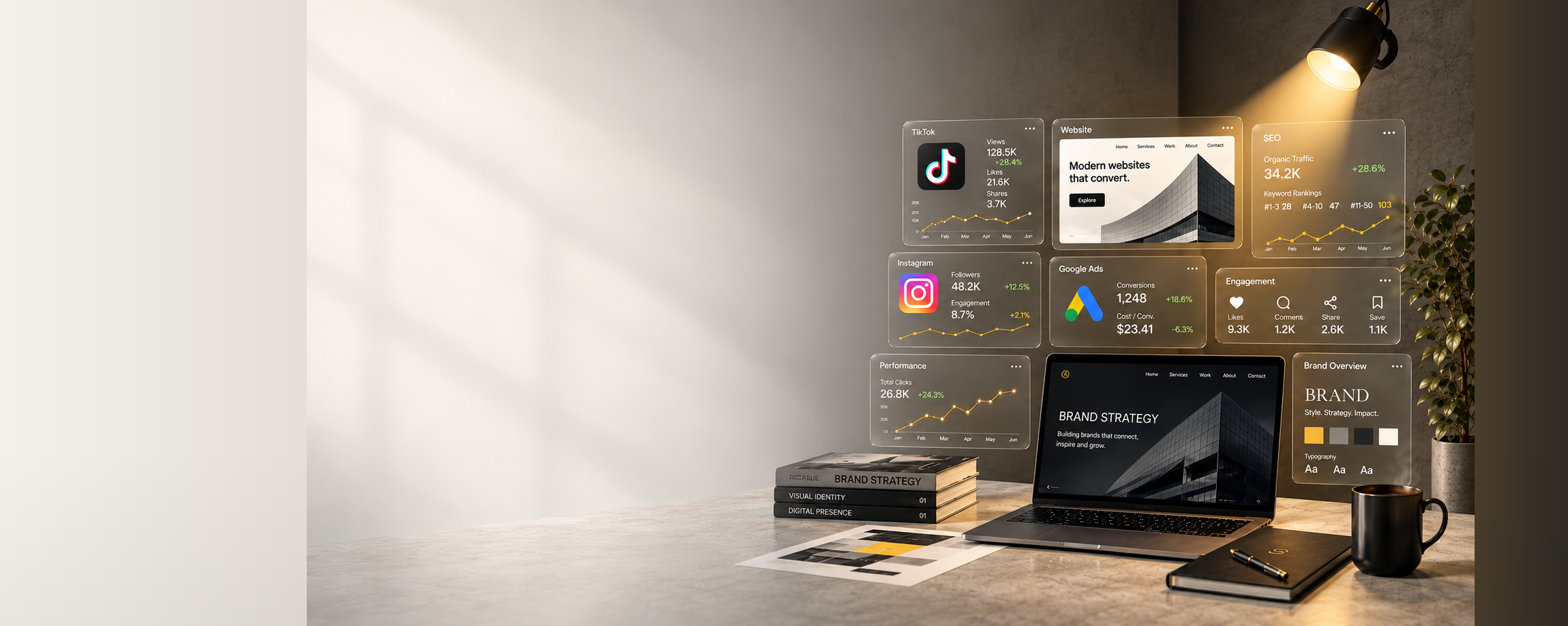 Panoramic Spotlight Studio marketing workspace with the full desk, lamp, laptop, notebook and floating TikTok, Instagram, Google Ads, website and SEO dashboards visible